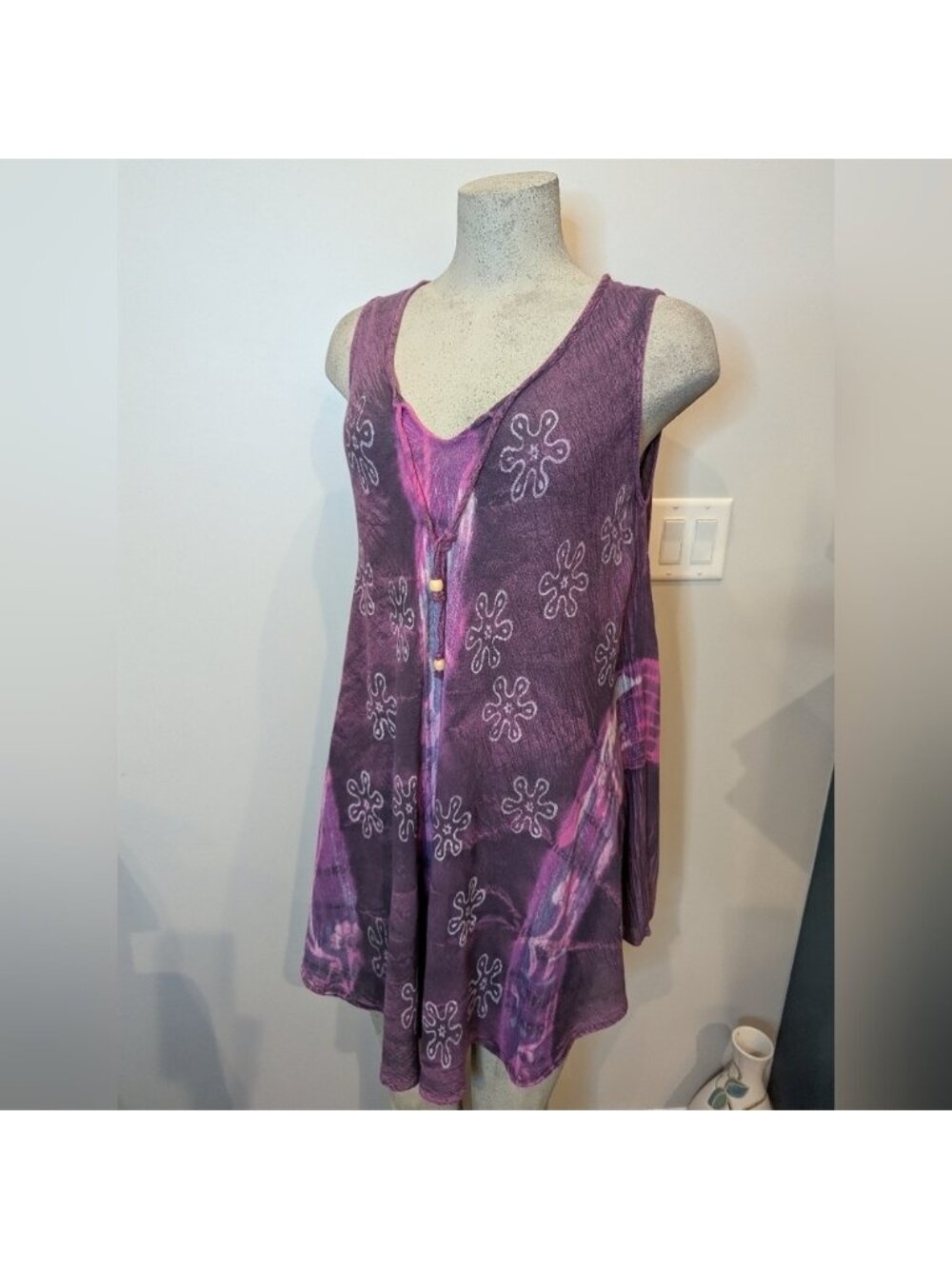 PAPA Vancouver rayon trapeze dress or tunic. Purple pink & white tie Dye, OS